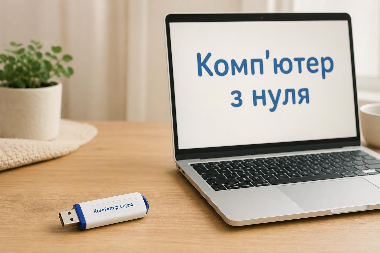 USB-флешка з уроками «Комп'ютер з нуля» поруч із ноутбуком